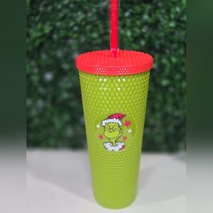 Green Grinch Tumbler with Red Lid and Straw